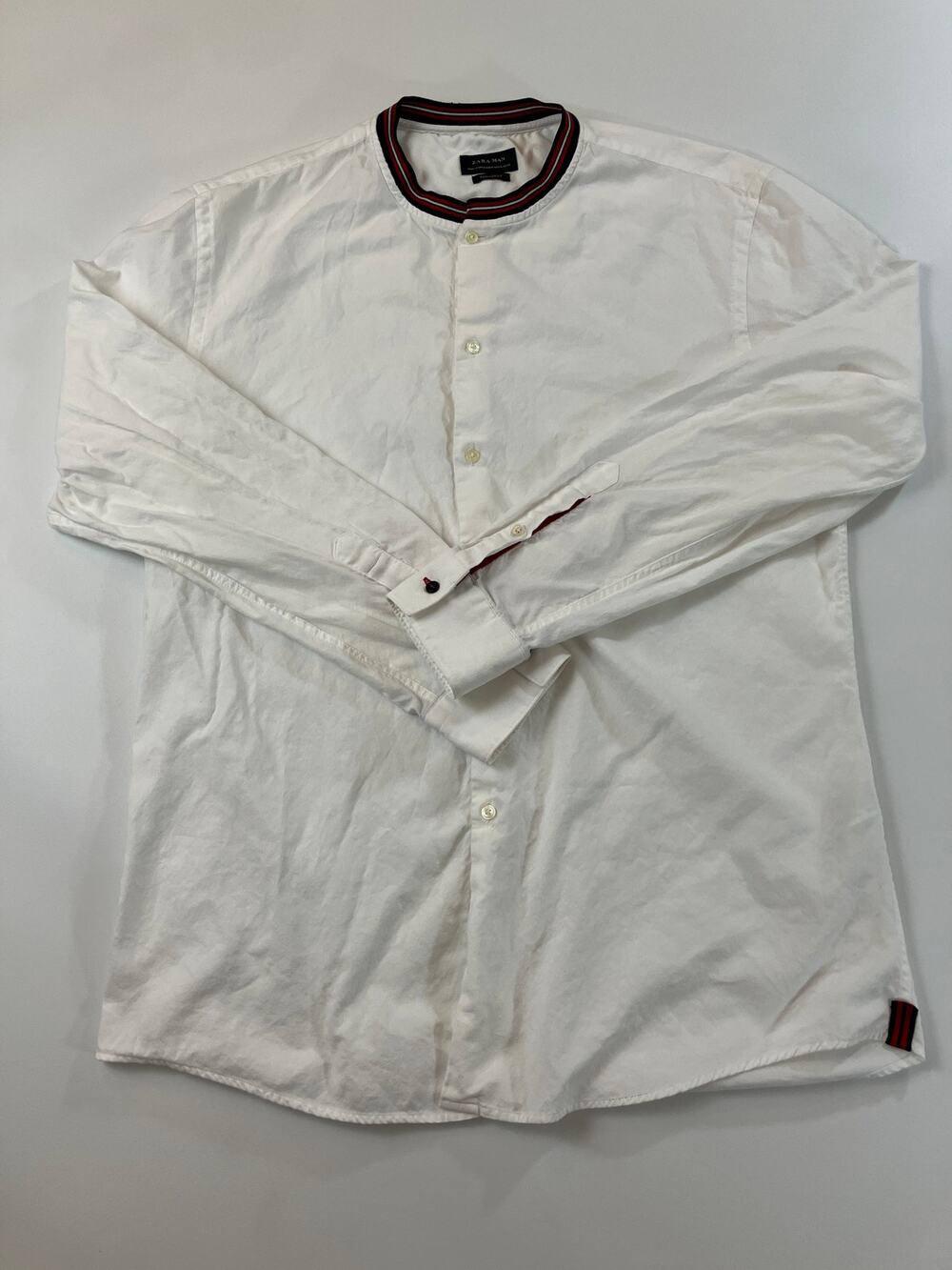 Zara Man XL White 100% Cotton Band Collar Shirt Made in Spain Striped Trim